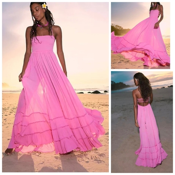 Free People Pink Extratropical Maxi Halter Dress Open Back Billowy Beachy Flowy - Picture 1 of 12